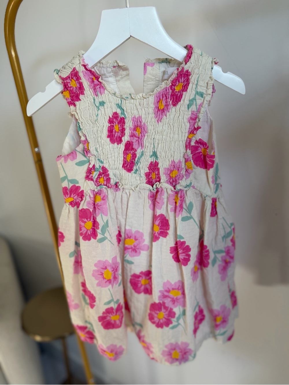 Zara Cream Dress with Bright Pink Floral Print